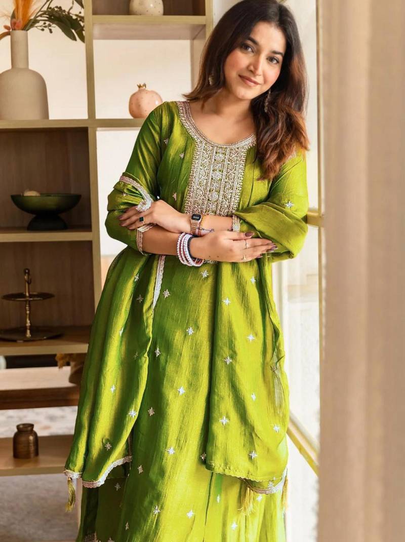 olive embroidered kurta set