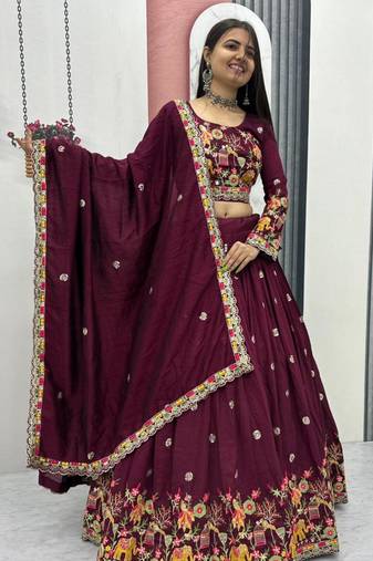 Wine Embroidered Lehenga Set