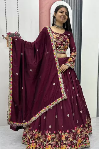 Wine Embroidered Lehenga Set
