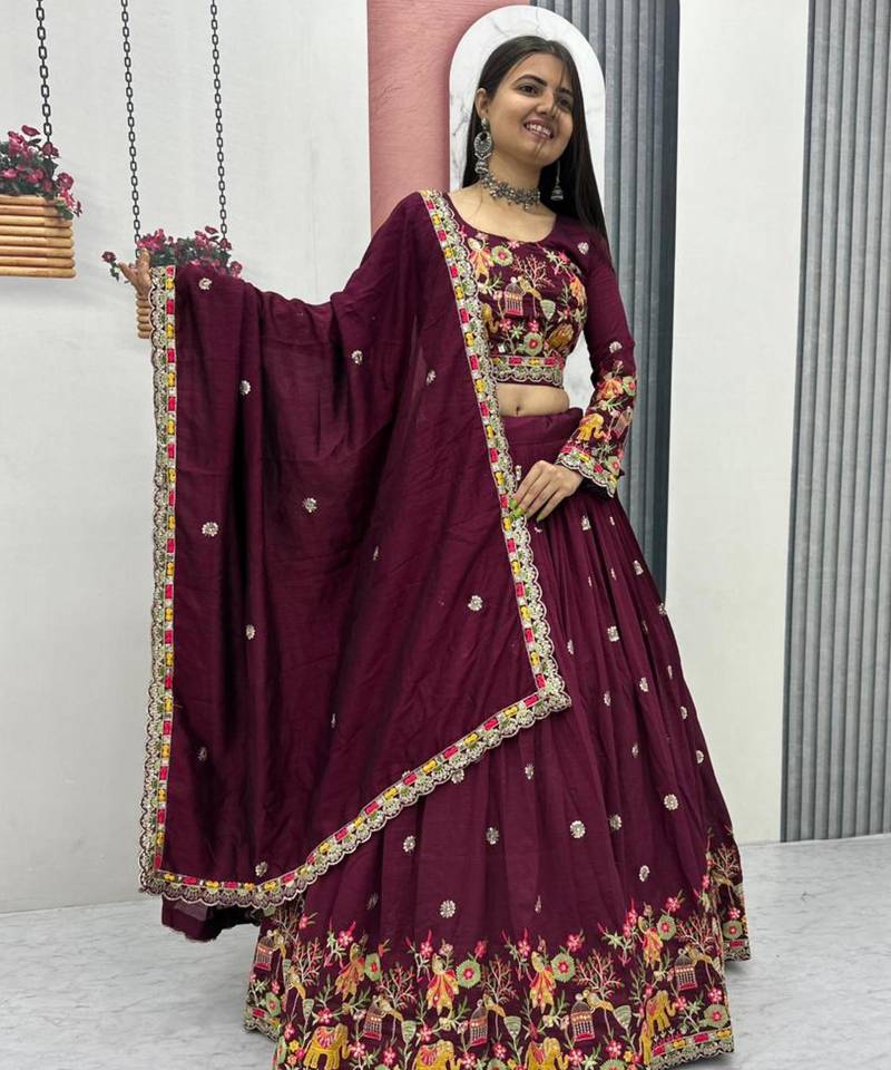 Wine Embroidered Lehenga Set