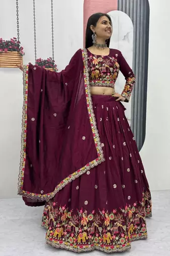 Wine Embroidered Lehenga Set