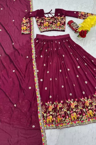 Wine Embroidered Lehenga Set