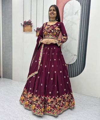 Wine Embroidered Lehenga Set 4
