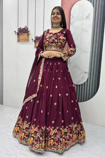Wine Embroidered Lehenga Set