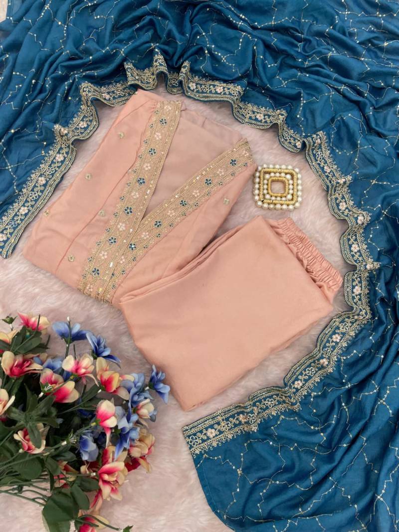 Light-peach & blue kurta set