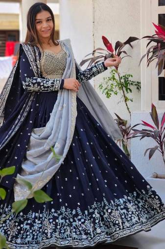 Navy-blue and grey Ethnic Lehenga