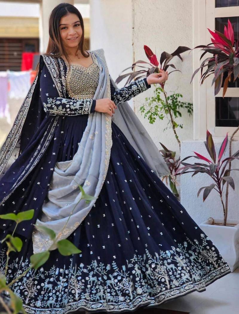 Navy-blue and grey Ethnic Lehenga