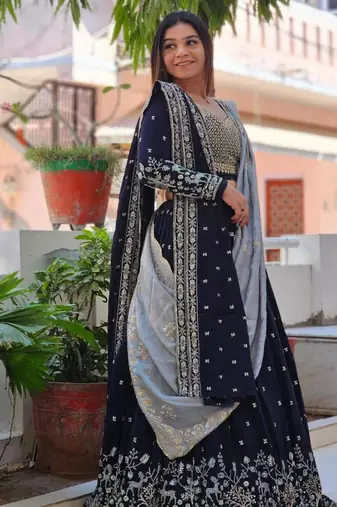 Navy-blue and grey Ethnic Lehenga