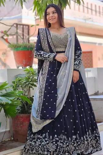 Navy-blue and grey Ethnic Lehenga