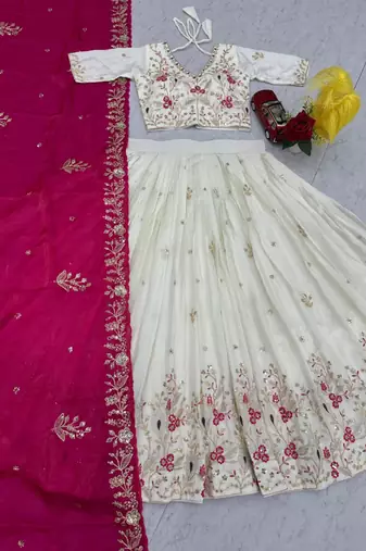 Off-white Lehenga with Pink Dupatta