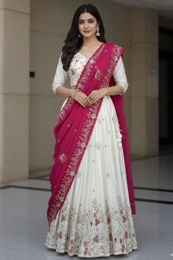Off-white Lehenga with Pink Dupatta