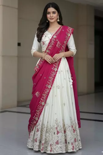 Off-white Lehenga with Pink Dupatta