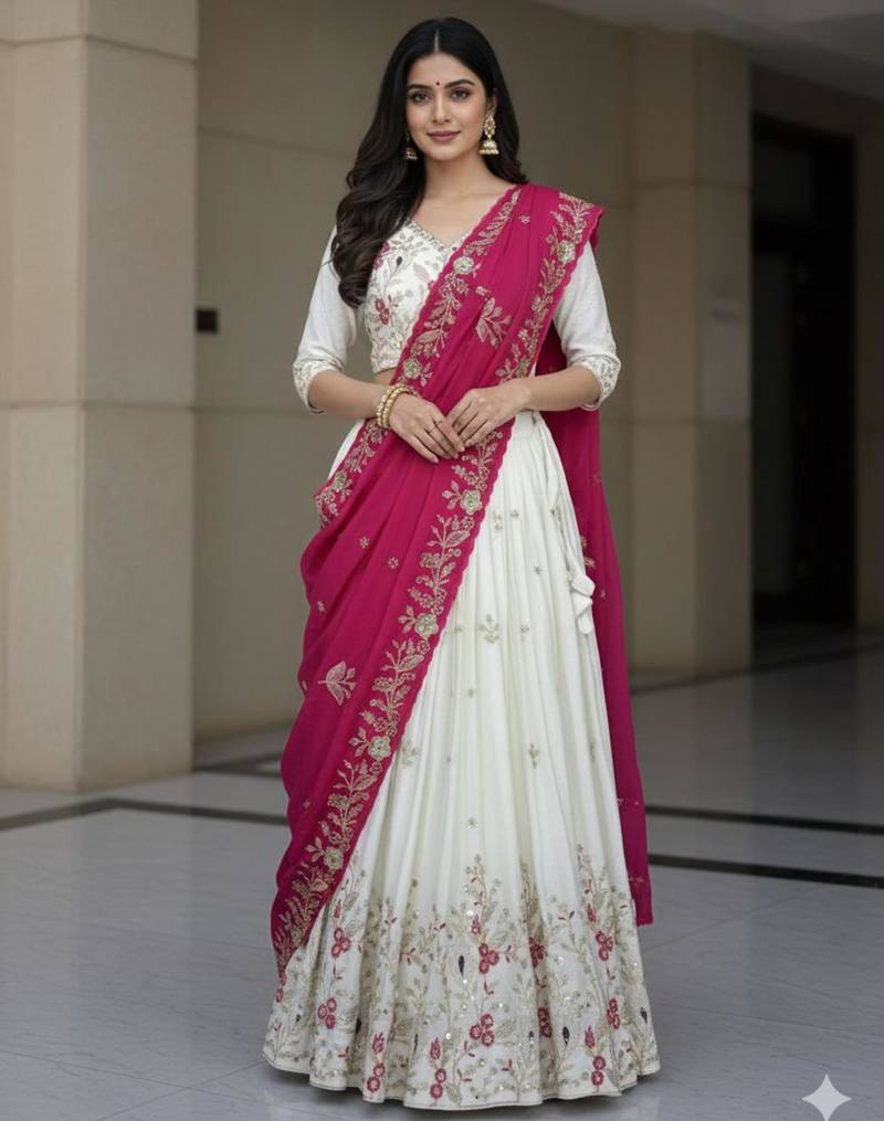 Off-white Lehenga with Pink Dupatta