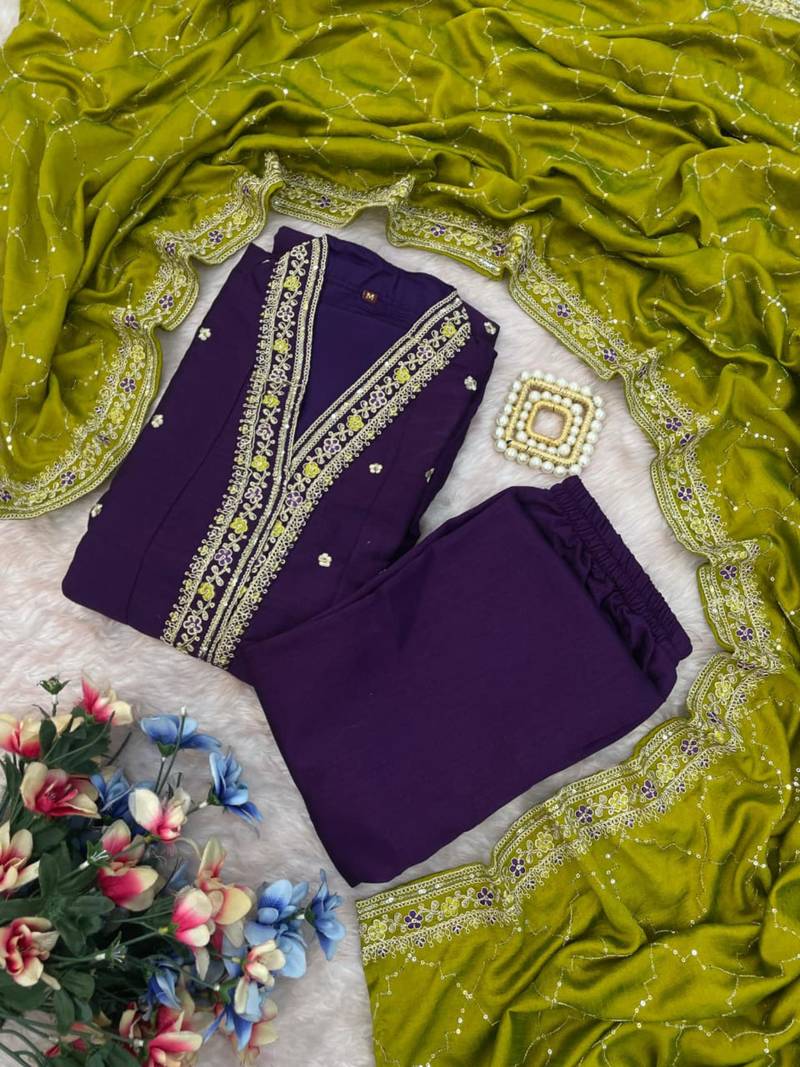 purple & olive green kurta set