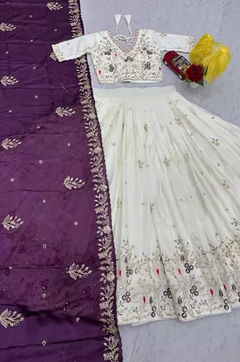 off-white and Purple Designer Lehenga