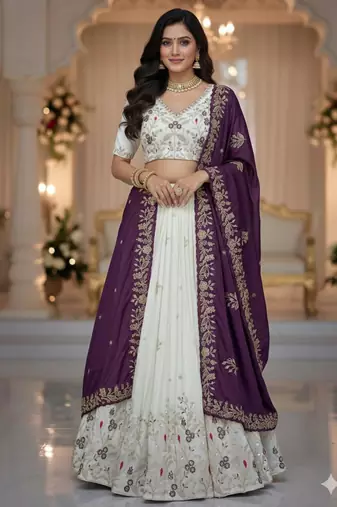 off-white and Purple Designer Lehenga