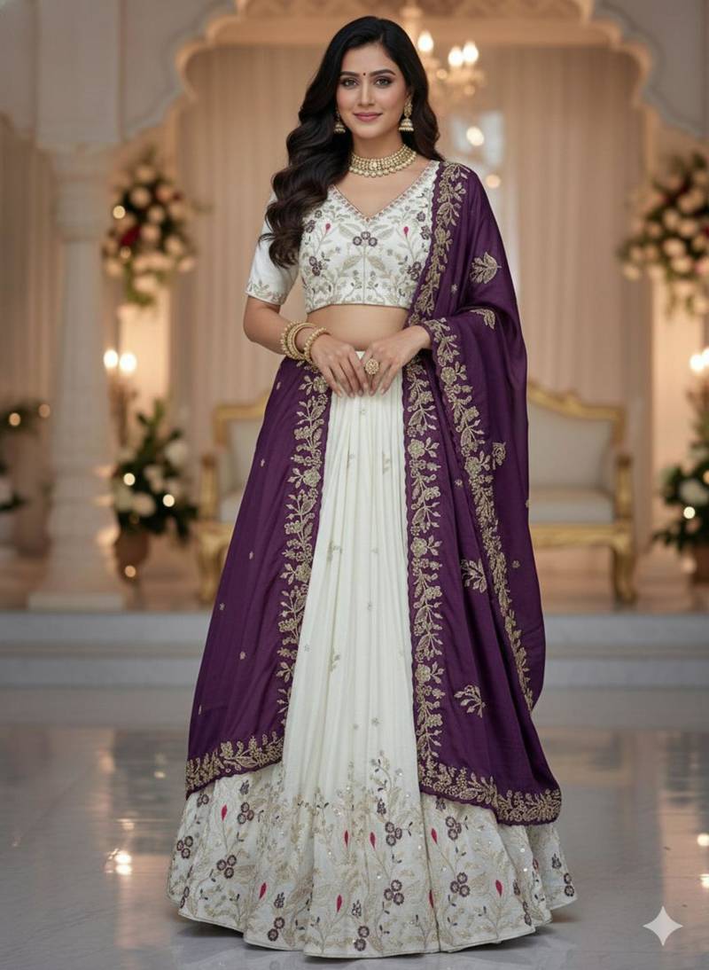 off-white and Purple Designer Lehenga