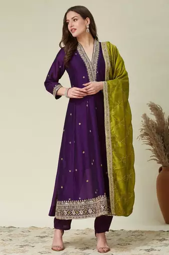 purple & olive green kurta set