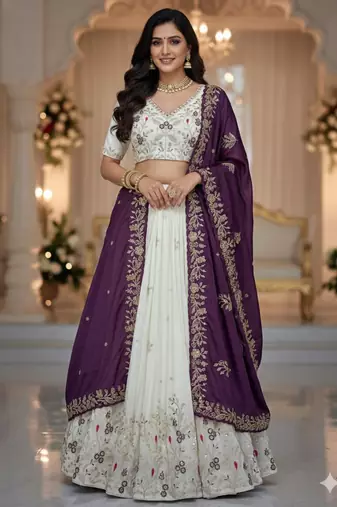 off-white and Purple Designer Lehenga
