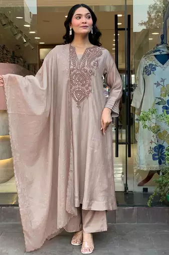 light-beige embroidered kurta set