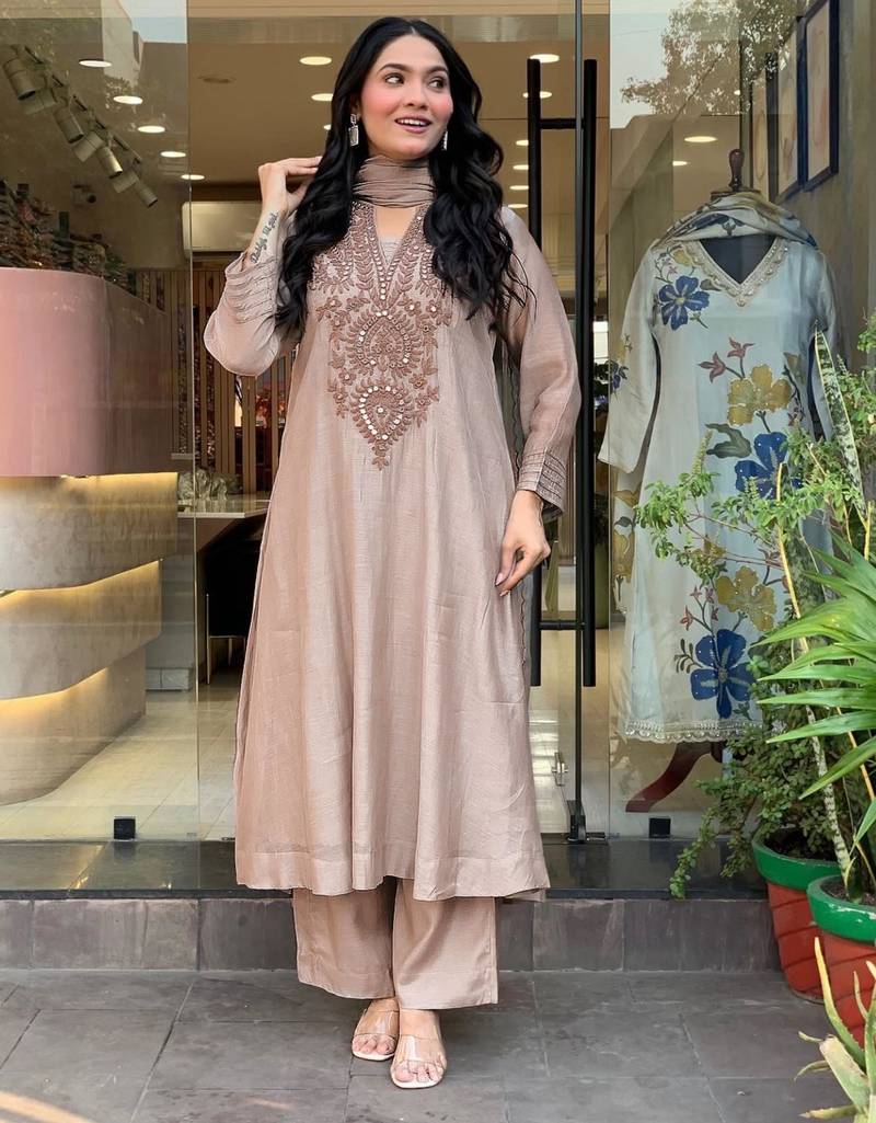 light-beige embroidered kurta set