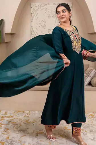 Teal-green embroidered kurta set