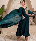 Teal-green embroidered kurta set