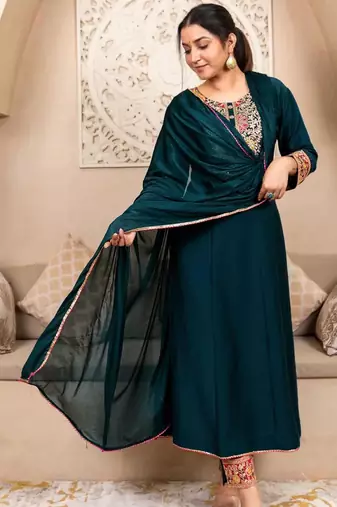 Teal-green embroidered kurta set