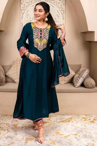 Teal-green embroidered kurta set