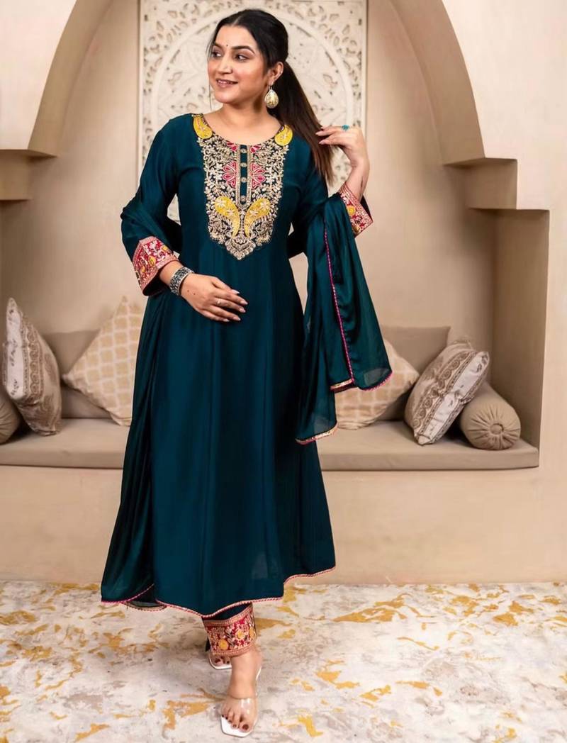 Teal-green embroidered kurta set