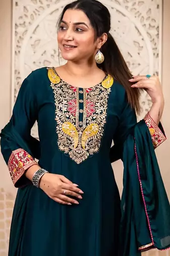 Teal-green embroidered kurta set