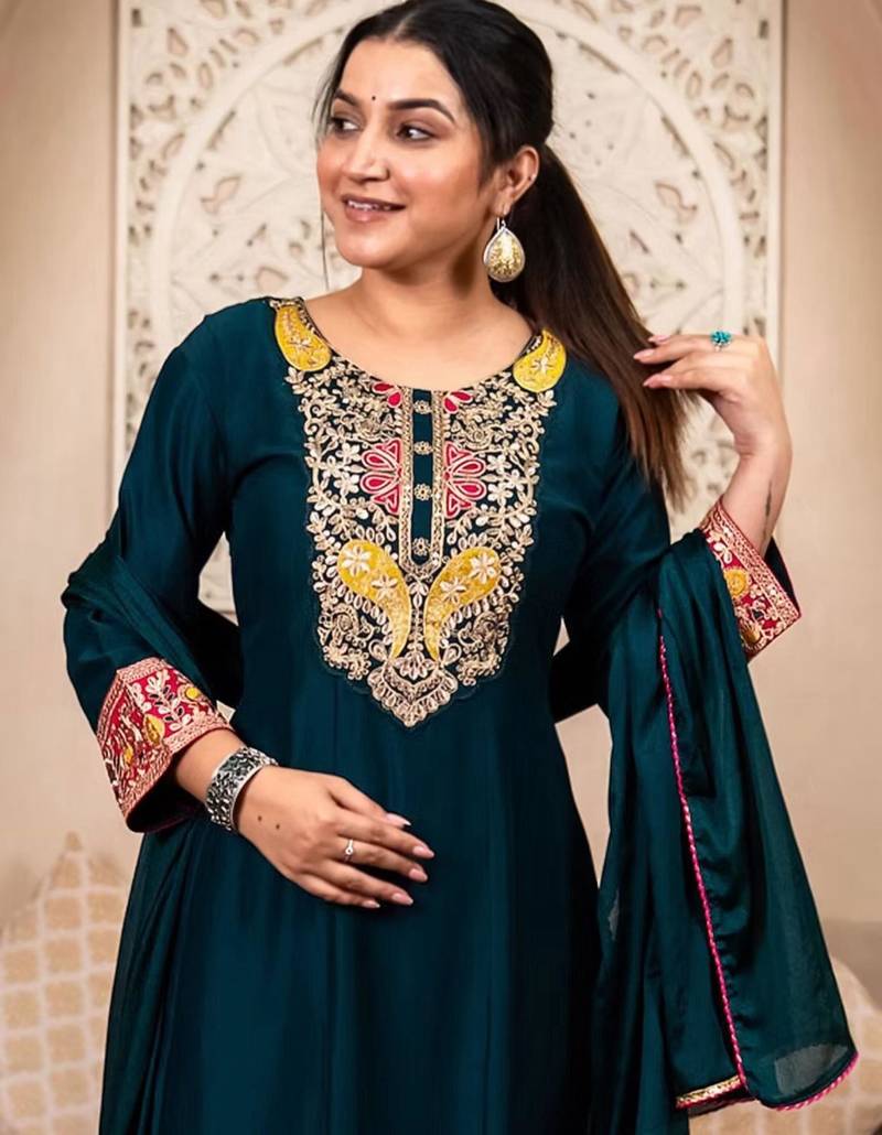 Teal-green embroidered kurta set