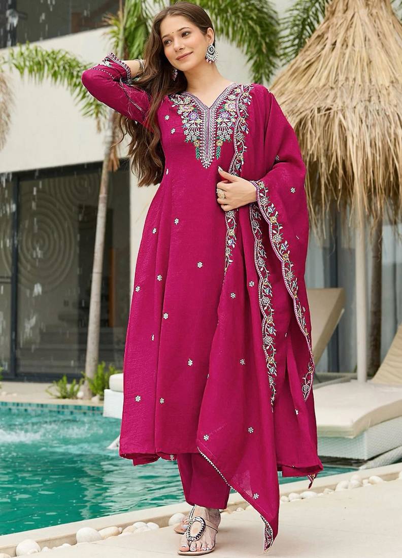 rani-pink embroidered kurta set