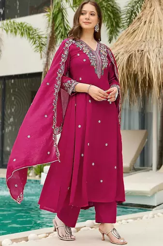 rani-pink embroidered kurta set