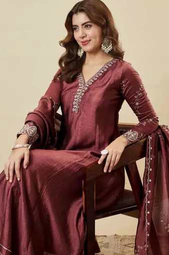 Dark wine embroidered kurta set