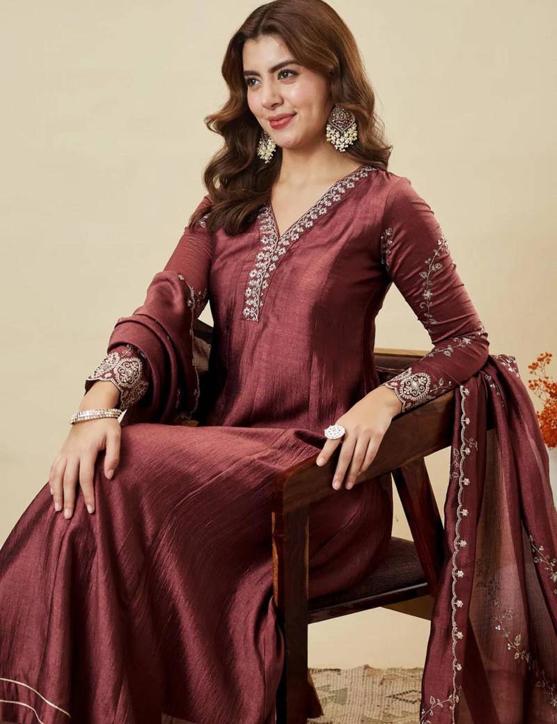 Dark wine embroidered kurta set