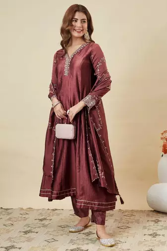 Dark wine embroidered kurta set
