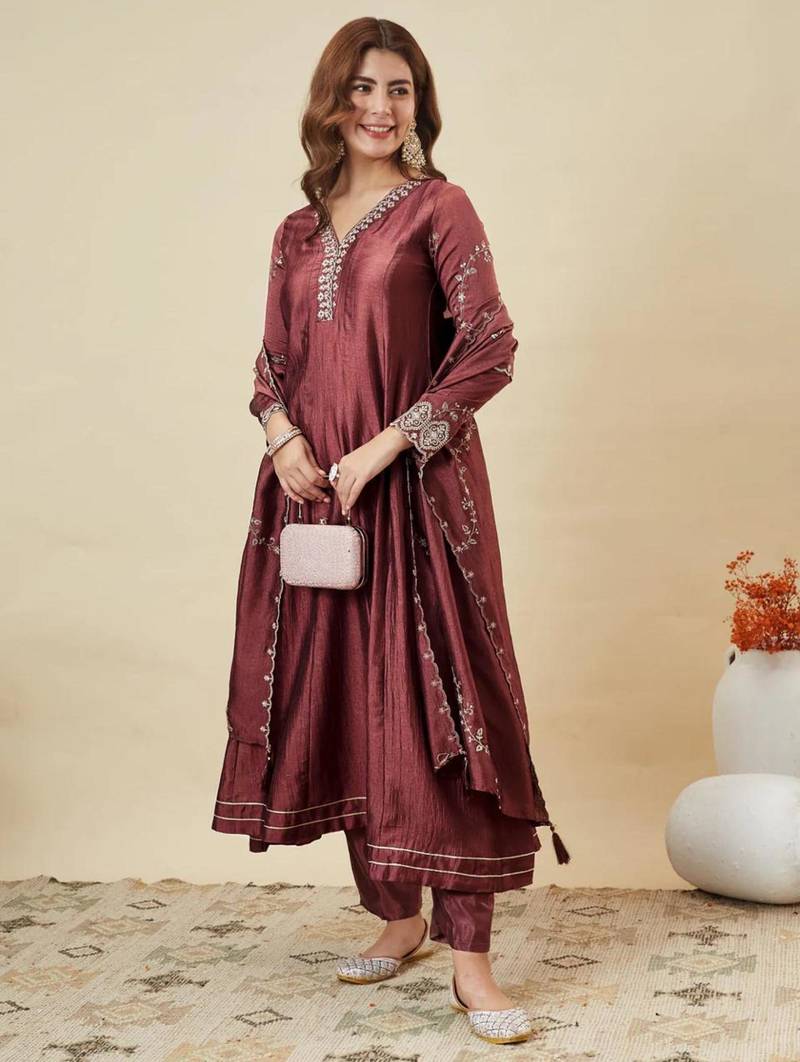 Dark wine embroidered kurta set