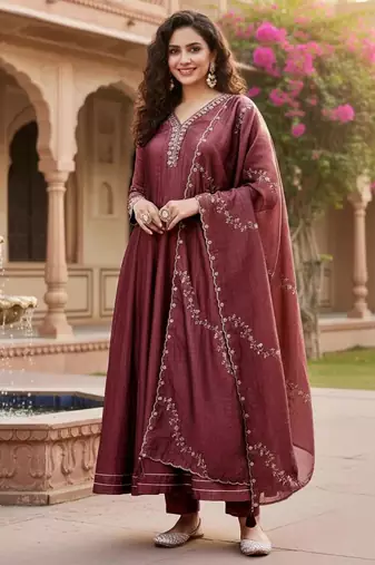 Dark wine embroidered kurta set