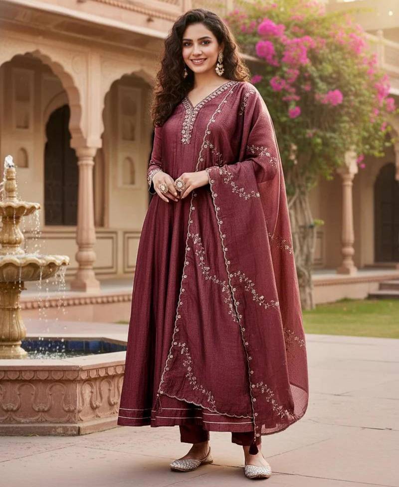 Dark wine embroidered kurta set