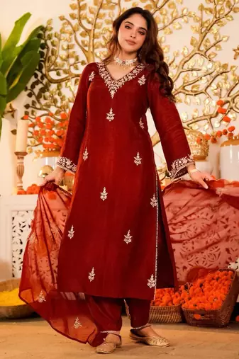 Red festive kurta set with dupatta