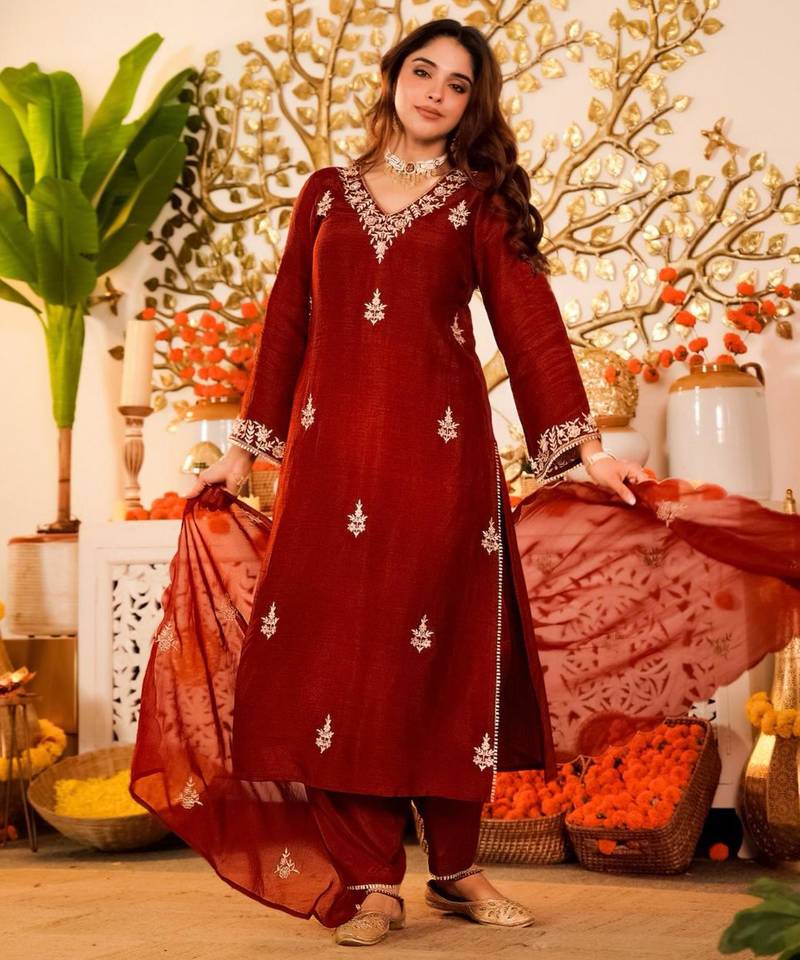 Red festive kurta set with dupatta