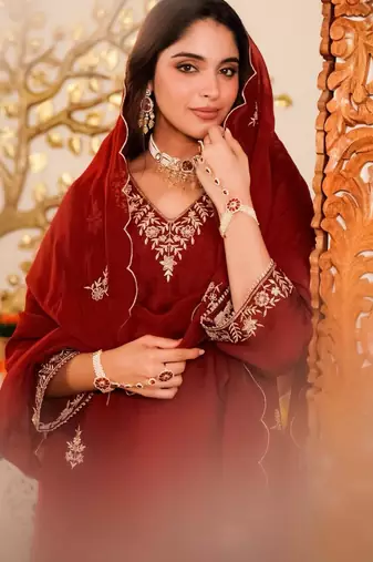 Red festive kurta set with dupatta