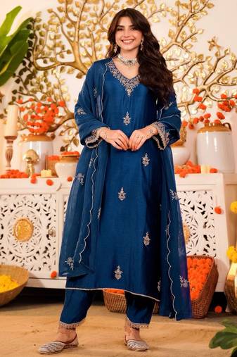 Light navy blue festive kurta set