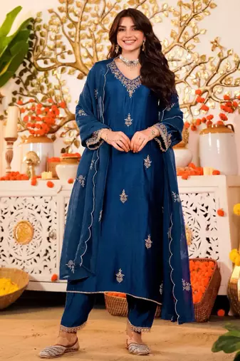 Light navy blue festive kurta set