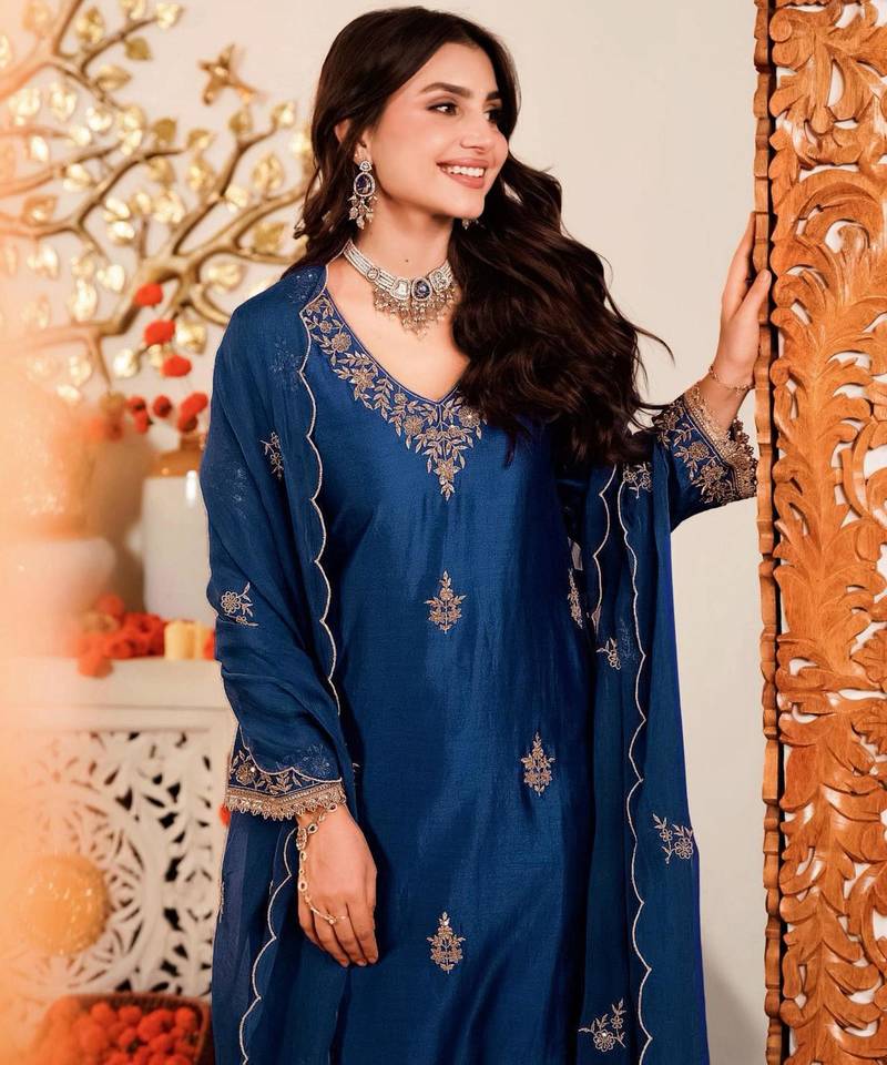 Light navy blue festive kurta set