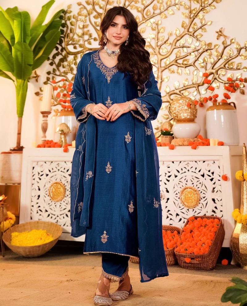 Light navy blue festive kurta set