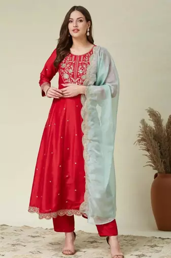 red traditional kurta set