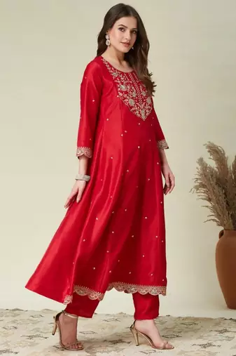 red traditional kurta set