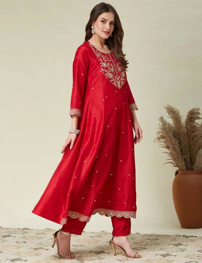 red traditional kurta set